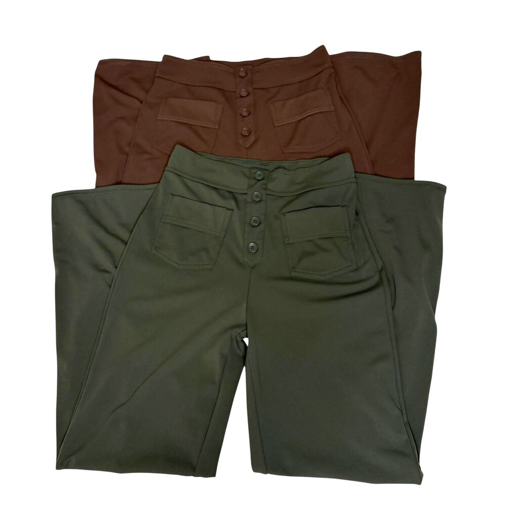Keriffe High Waisted Straight Leg Pants Pull On Bundle of 2 Green Brown S